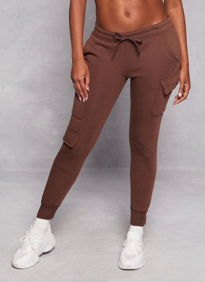 Womens Fleece Drawstring Cargo Joggers, Brown, Size M