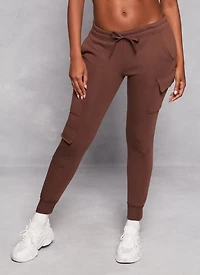 Womens Fleece Drawstring Cargo Joggers, Brown, Size M