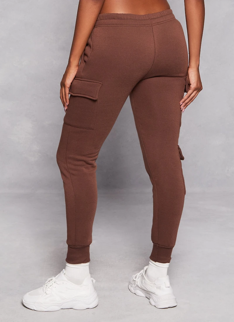 Womens Fleece Drawstring Cargo Joggers, Brown, Size M