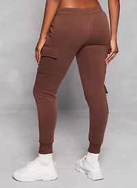 Womens Fleece Drawstring Cargo Joggers, Brown, Size M
