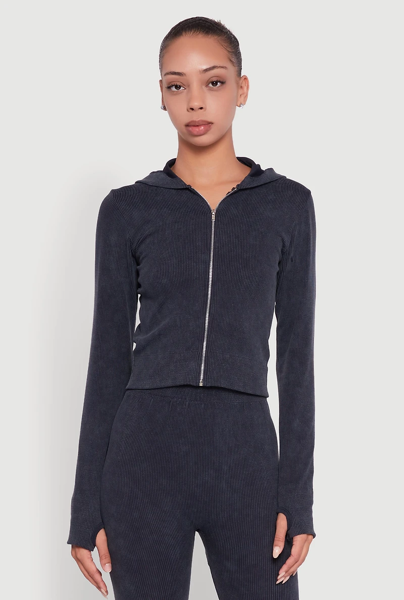 Womens Acid Wash Ribbed Knit Hoodie with Thumb Holes,
