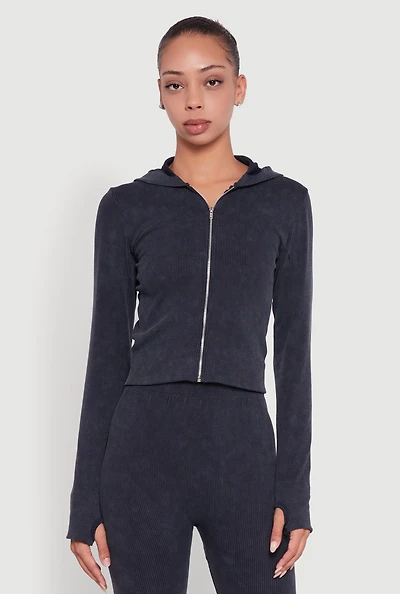 Womens Acid Wash Ribbed Knit Hoodie with Thumb Holes,