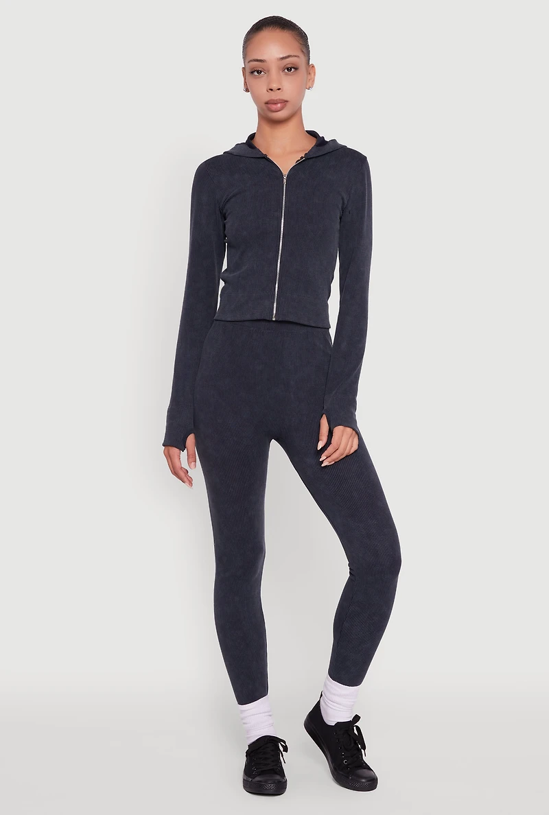 Womens Acid Wash Ribbed Knit Hoodie with Thumb Holes,