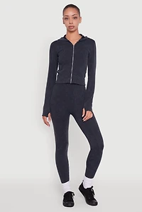 Womens Acid Wash Ribbed Knit Hoodie with Thumb Holes,