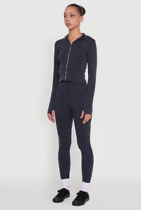 Womens Acid Wash Ribbed Knit Hoodie with Thumb Holes,