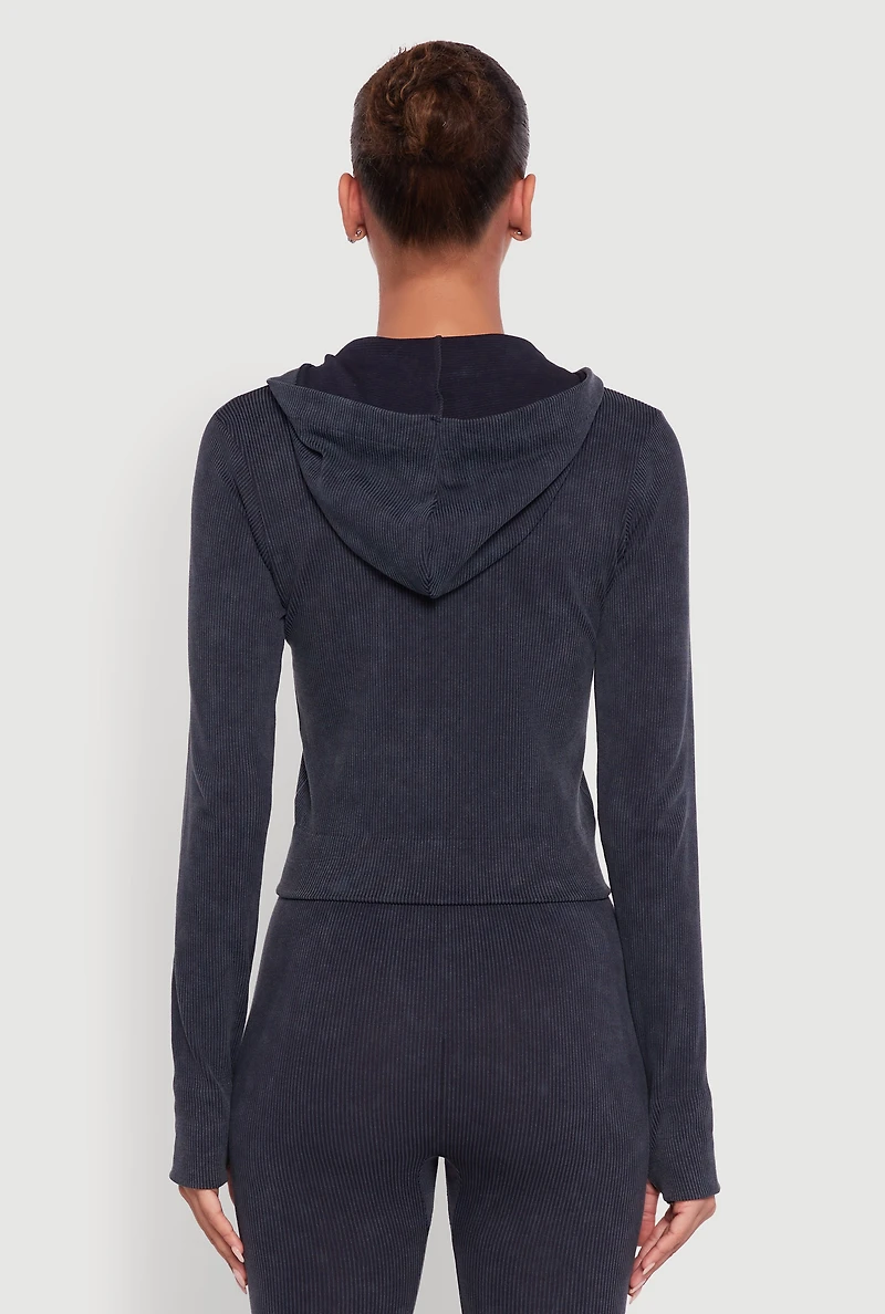 Womens Acid Wash Ribbed Knit Hoodie with Thumb Holes,