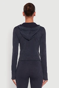 Womens Acid Wash Ribbed Knit Hoodie with Thumb Holes,