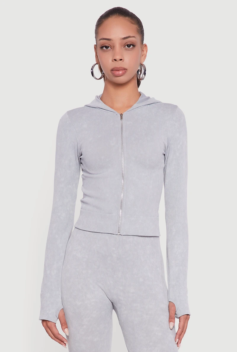 Womens Acid Wash Ribbed Knit Hoodie with Thumb Holes, Grey,