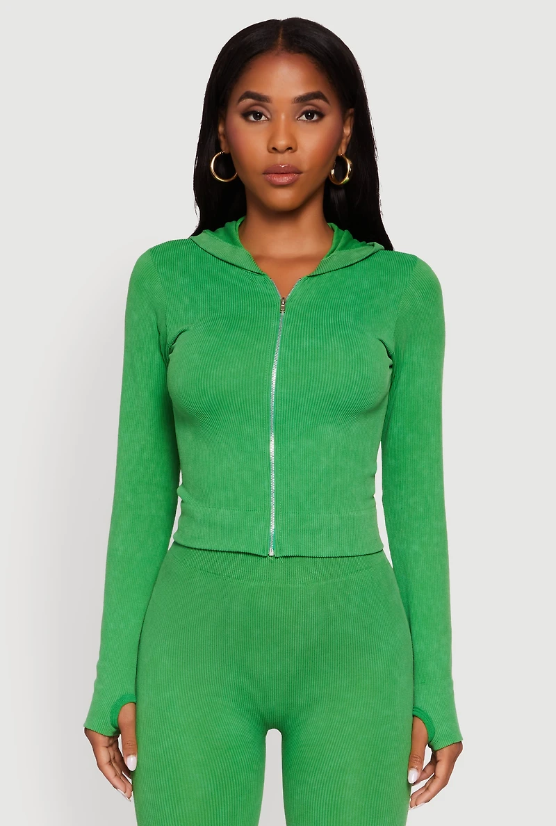 Acid Wash Ribbed Knit Hoodie with Thumb Holes