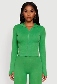 Acid Wash Ribbed Knit Hoodie with Thumb Holes