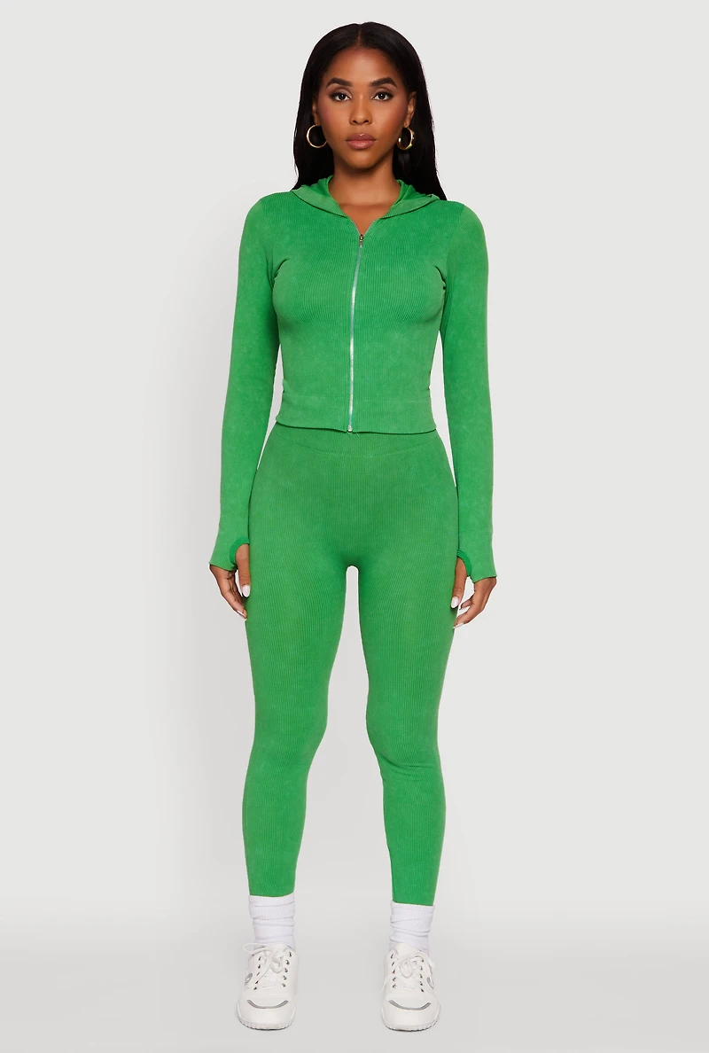 Acid Wash Ribbed Knit Hoodie with Thumb Holes