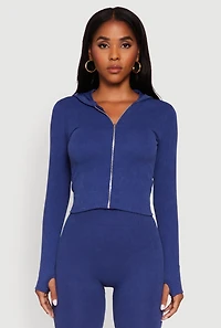 Acid Wash Ribbed Knit Hoodie with Thumb Holes