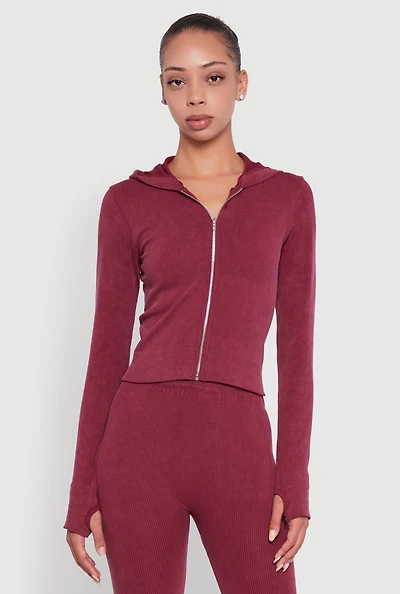 Womens Acid Wash Ribbed Knit Hoodie with Thumb Holes, Burgundy, Size S