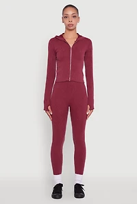 Womens Acid Wash Ribbed Knit Hoodie with Thumb Holes, Burgundy, Size S