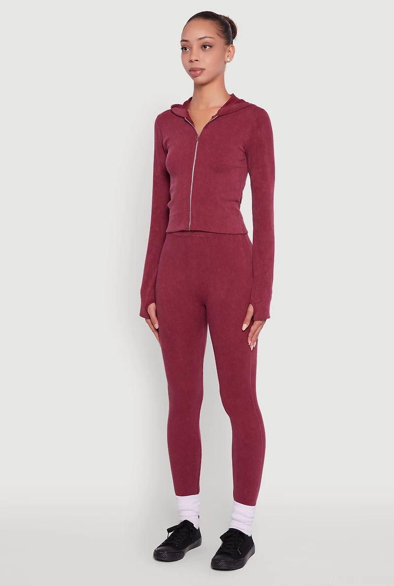 Womens Acid Wash Ribbed Knit Hoodie with Thumb Holes, Burgundy, Size S