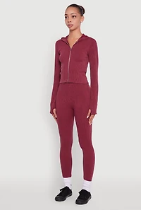 Womens Acid Wash Ribbed Knit Hoodie with Thumb Holes, Burgundy, Size S