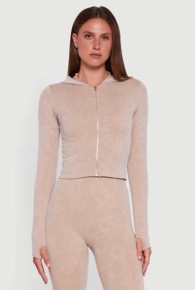 Womens Acid Wash Ribbed Knit Hoodie with Thumb Holes,