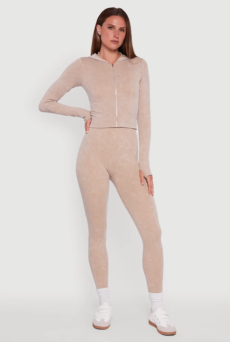 Womens Acid Wash Ribbed Knit Hoodie with Thumb Holes,