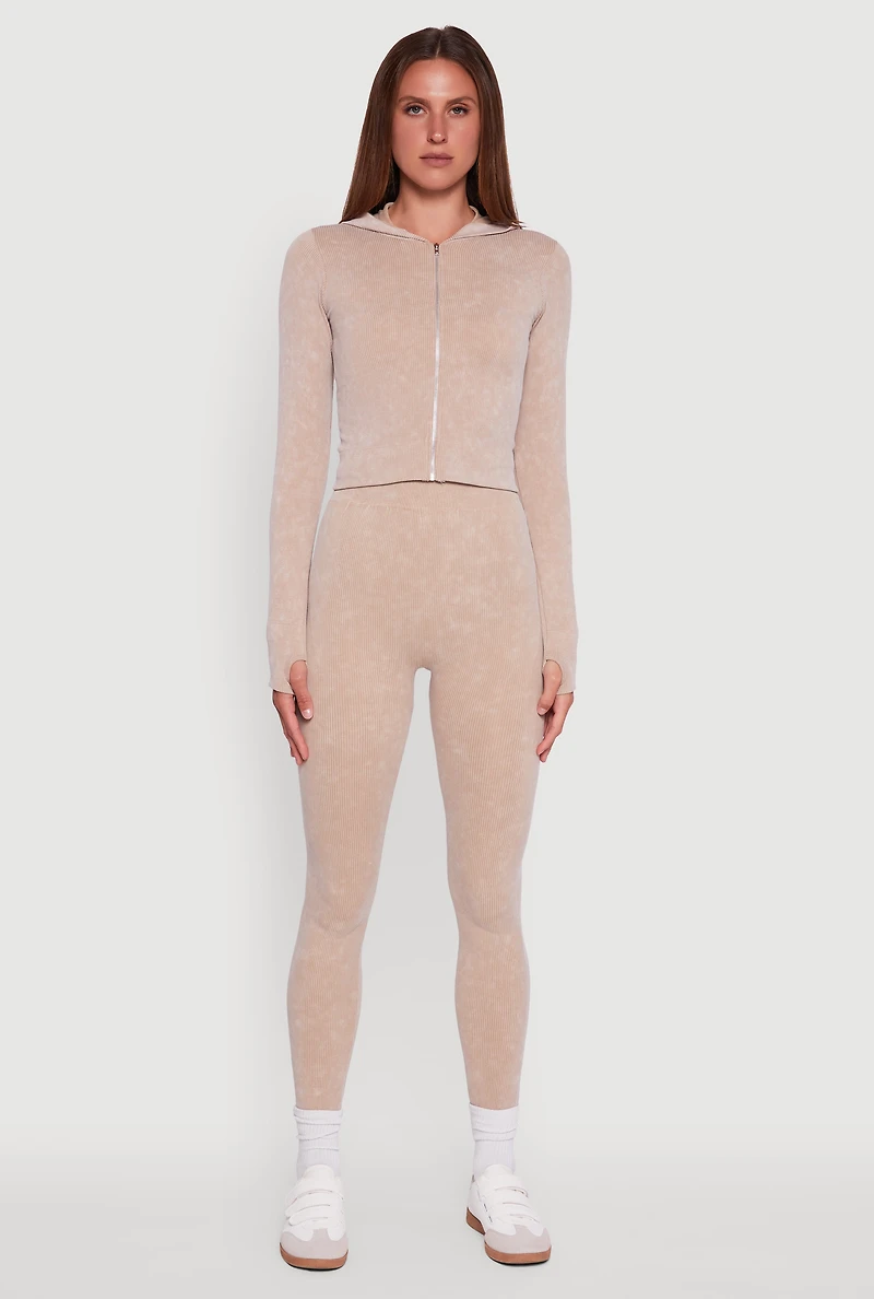 Womens Acid Wash Ribbed Knit Hoodie with Thumb Holes,