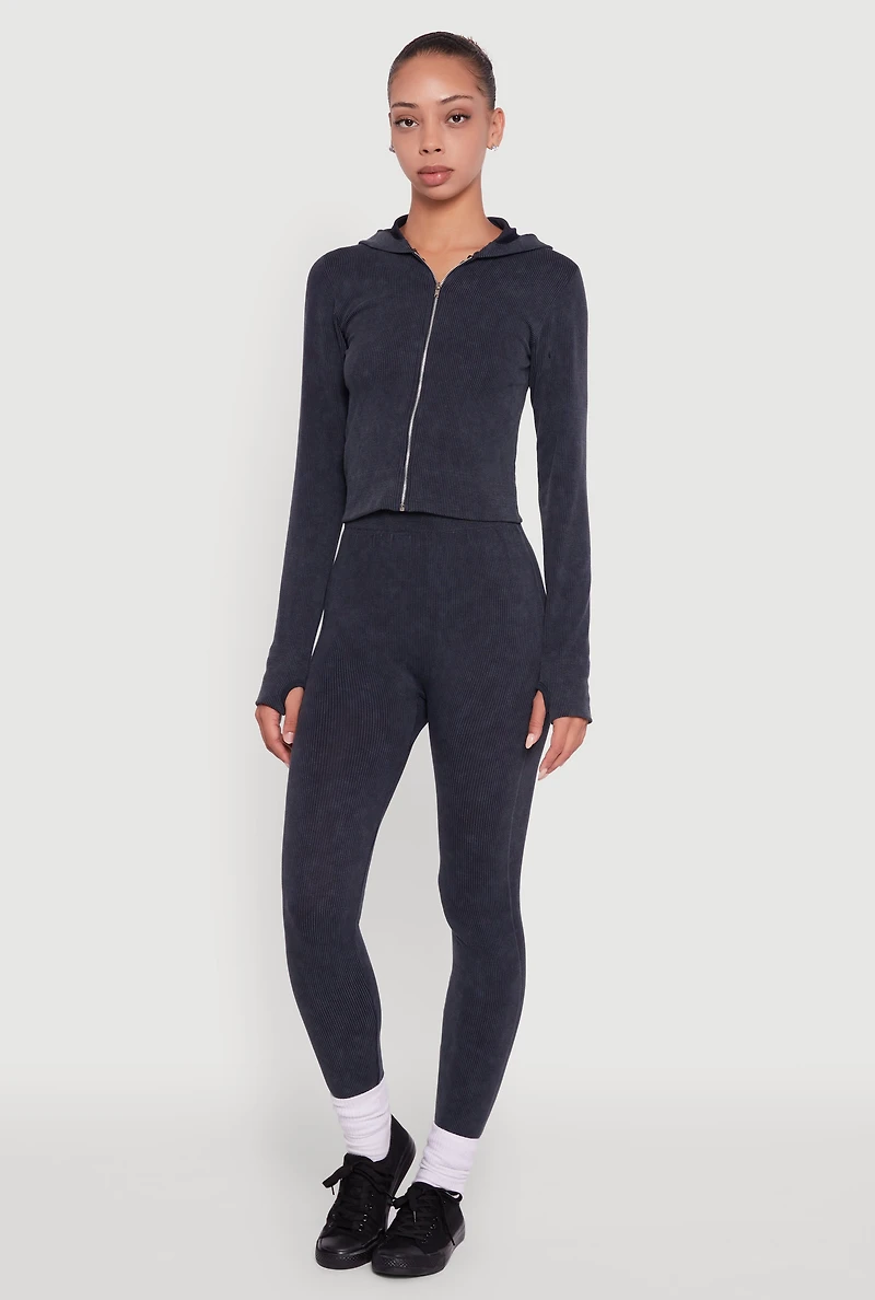 Ribbed Knit High Waisted Acid Wash Leggings