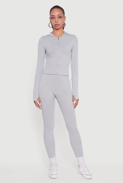 Womens Ribbed Knit High Waisted Acid Wash Leggings, Grey, Size M