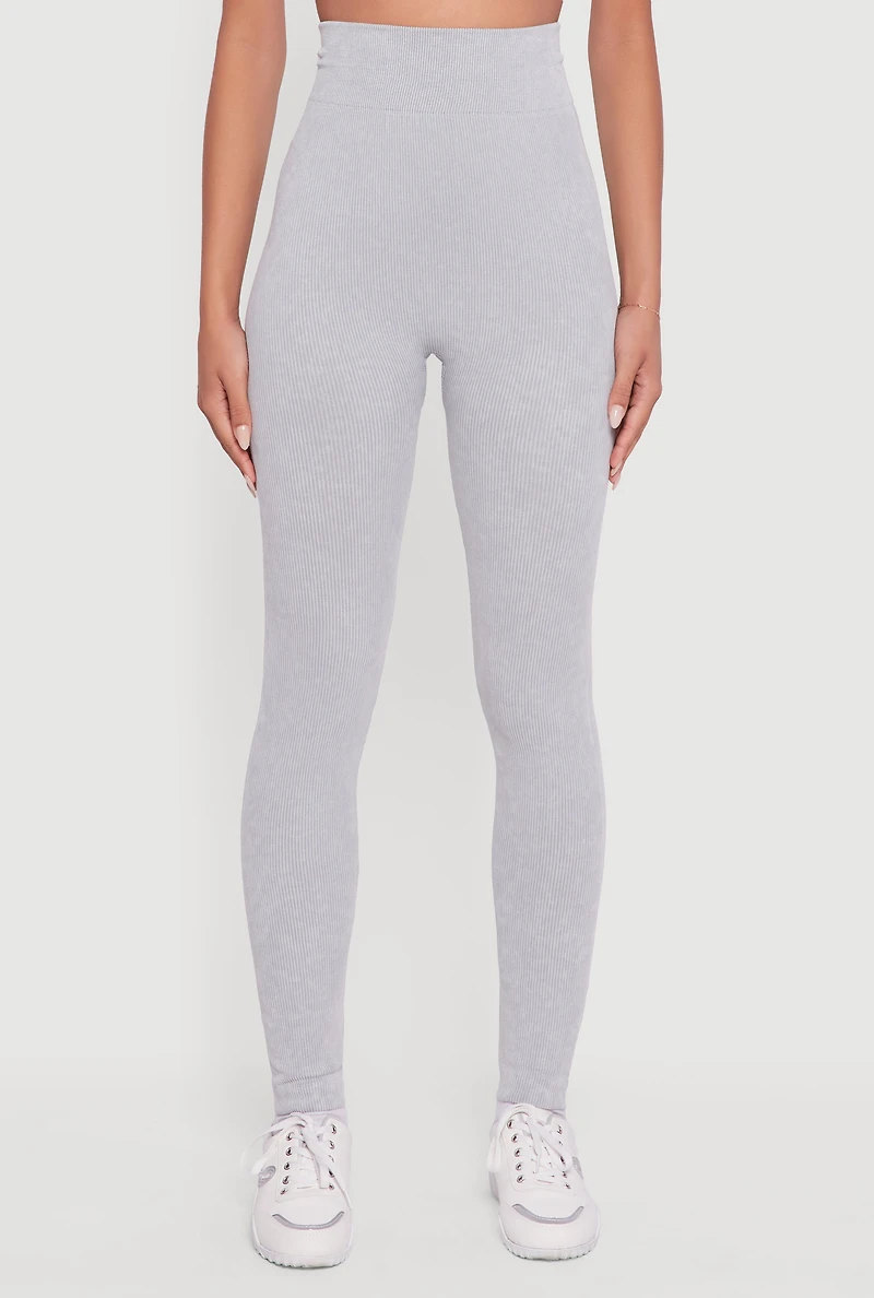 Womens Ribbed Knit High Waisted Acid Wash Leggings, Grey, Size M