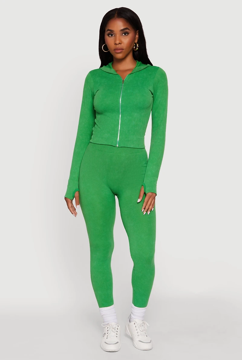 Womens Ribbed Knit High Waisted Acid Wash Leggings, M