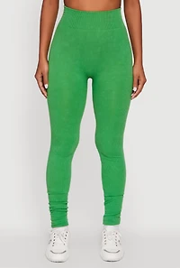 Womens Ribbed Knit High Waisted Acid Wash Leggings, M