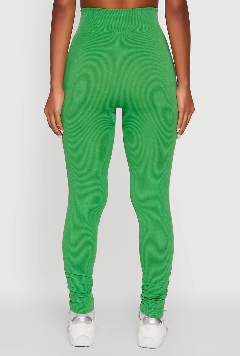 Womens Ribbed Knit High Waisted Acid Wash Leggings, M