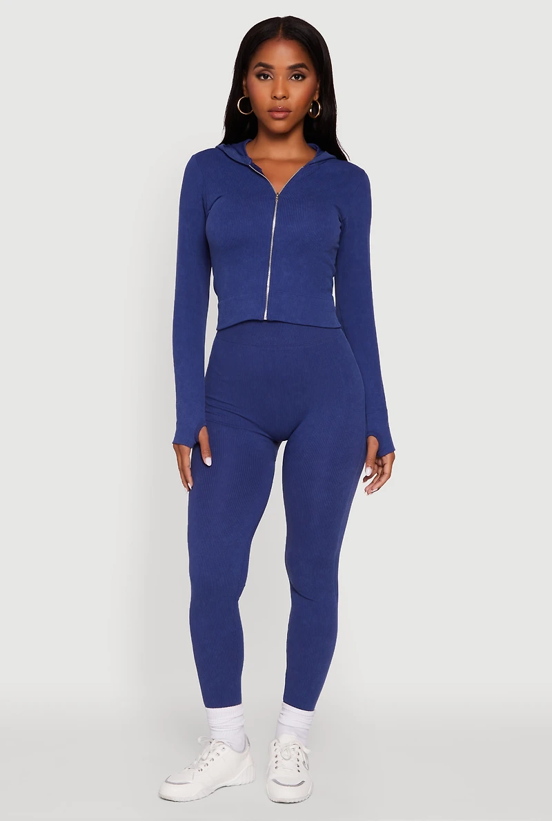 Womens Ribbed Knit High Waisted Acid Wash Leggings, L