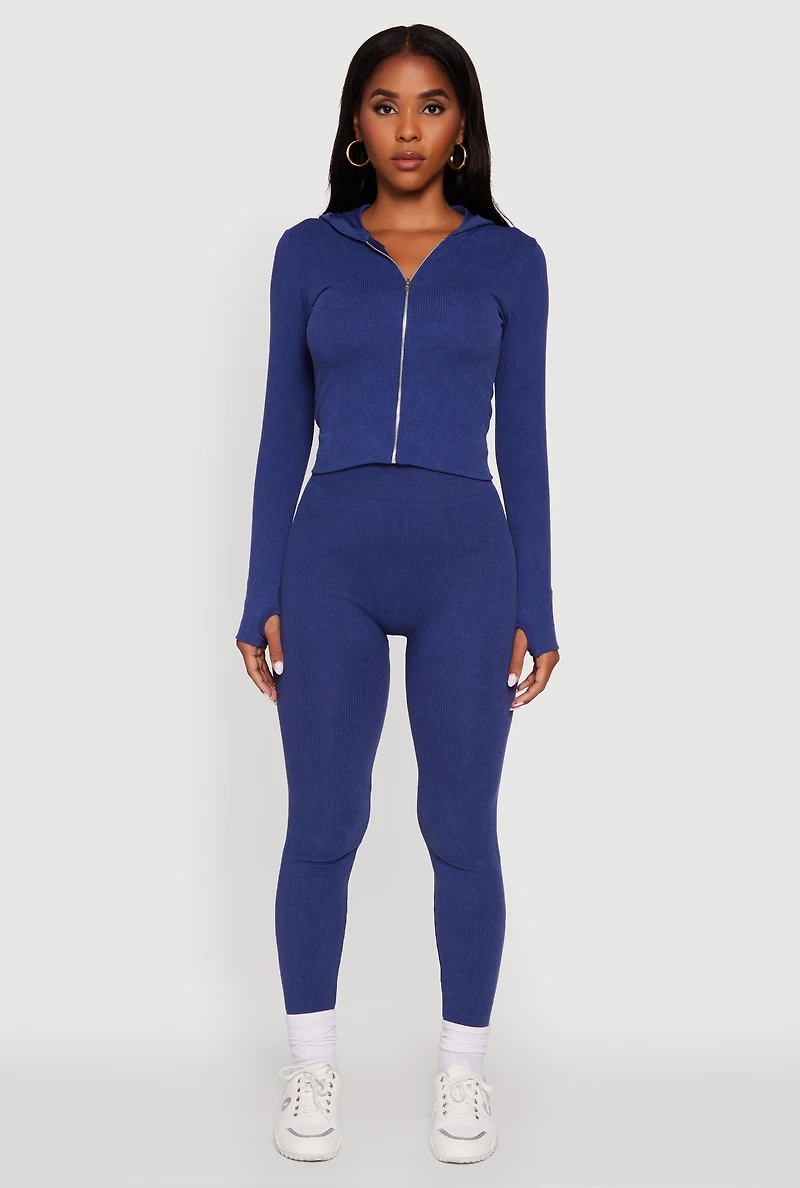 Womens Ribbed Knit High Waisted Acid Wash Leggings, L