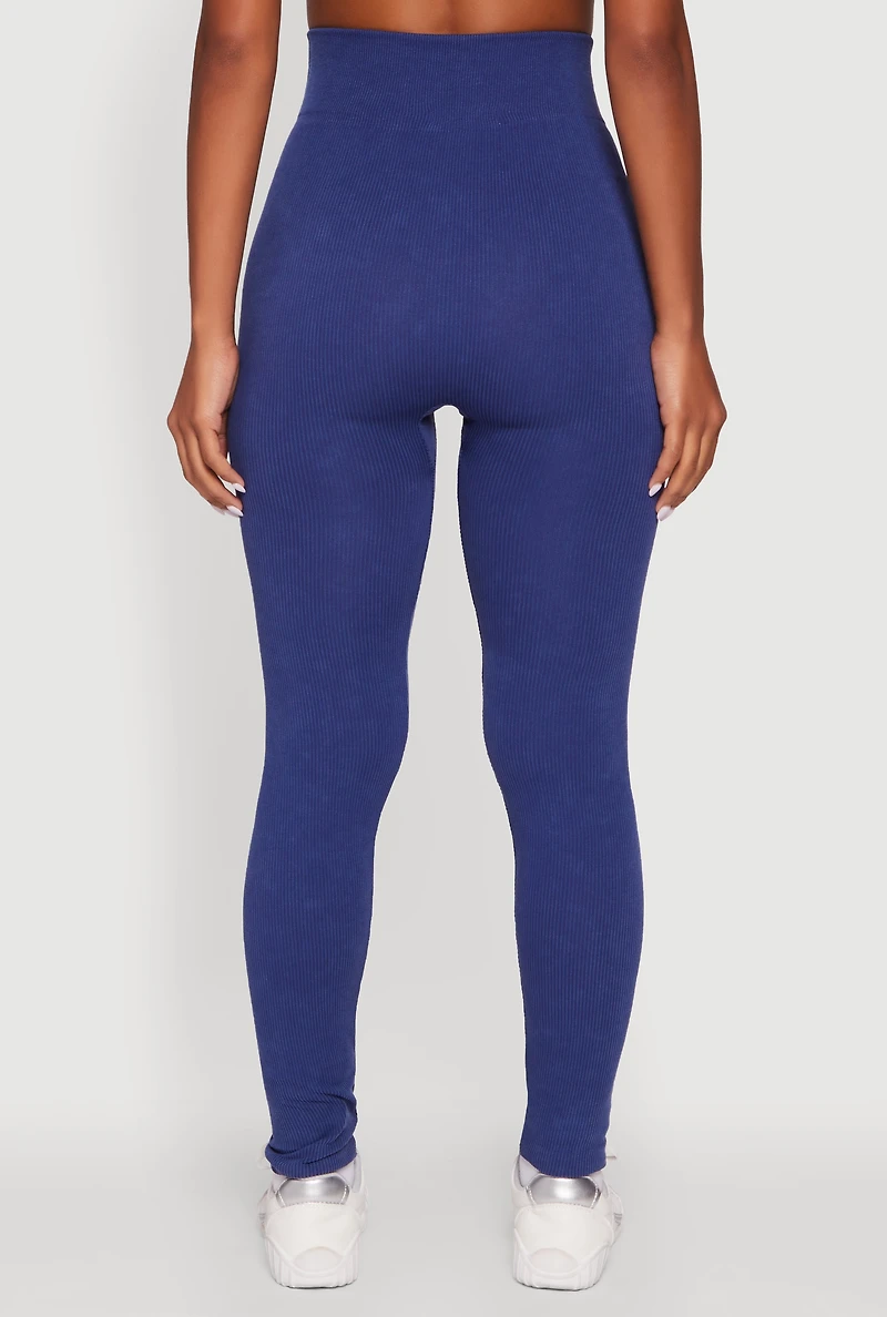 Womens Ribbed Knit High Waisted Acid Wash Leggings, L