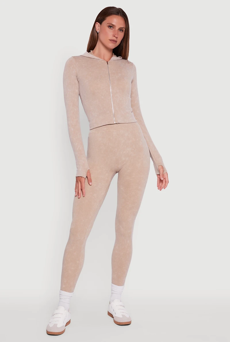 Womens Ribbed Knit High Waisted Acid Wash Leggings, Khaki, Size L