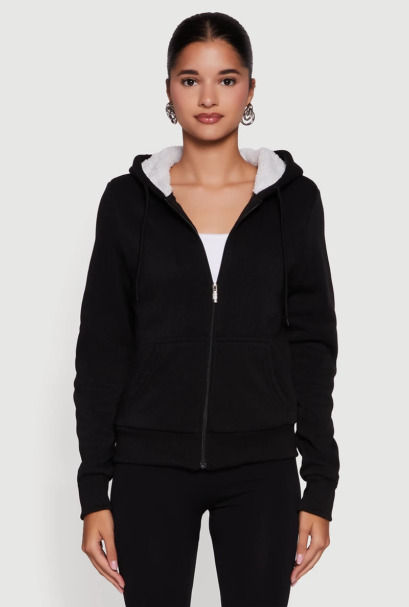 Womens Cozy Sherpa Lined Hooded Zip Front Sweatshirt,