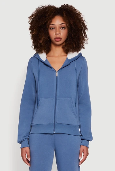Womens Cozy Sherpa Lined Hooded Zip Front Sweatshirt,