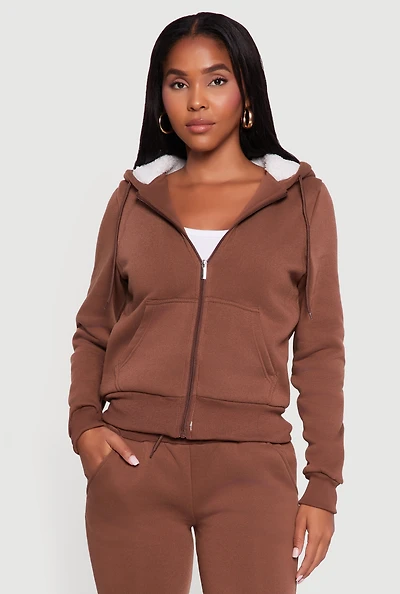 Womens Cozy Sherpa Lined Hooded Zip Front Sweatshirt,