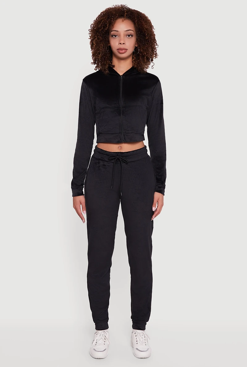 Womens Velour Long Sleeve Cropped Zip Front Hoodie, Black, Size S