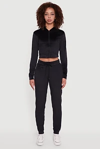 Womens Velour Long Sleeve Cropped Zip Front Hoodie, Black, Size S