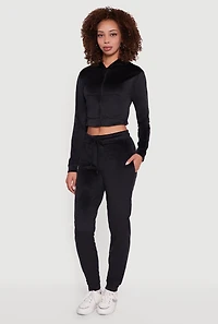 Womens Velour Long Sleeve Cropped Zip Front Hoodie, Black, Size S