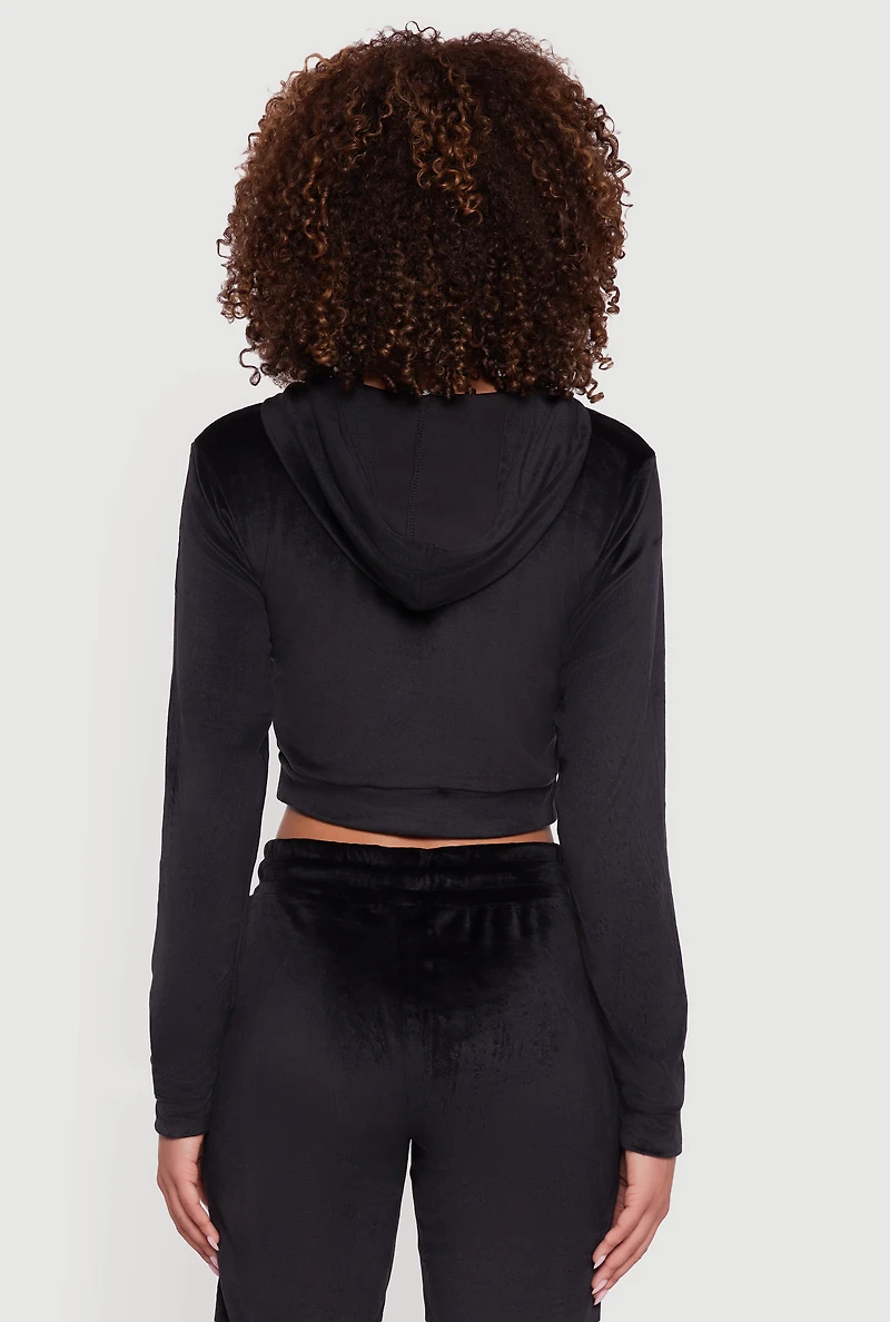Velour Long Sleeve Cropped Zip Front Hoodie