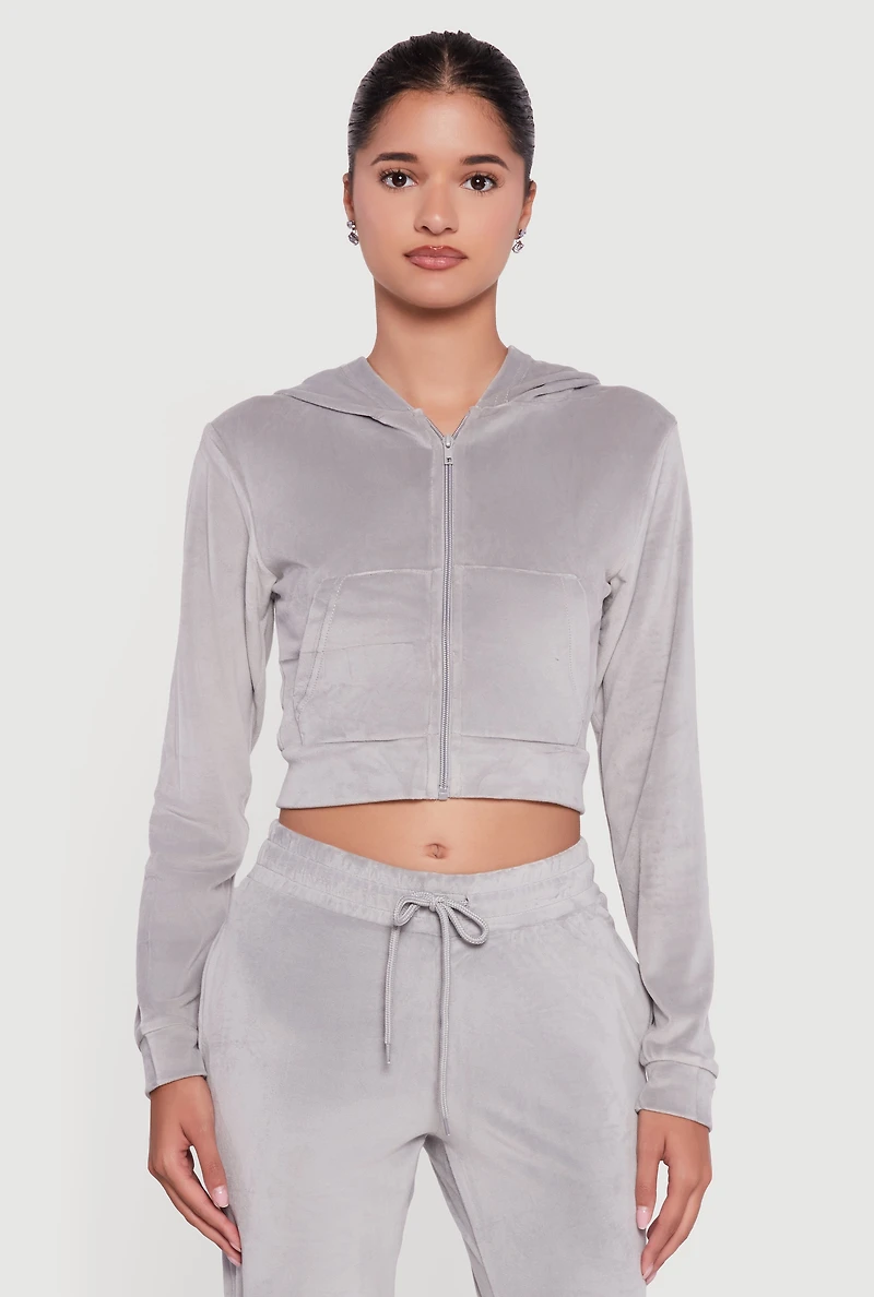 Womens Velour Long Sleeve Cropped Zip Front Hoodie, Grey, Size L