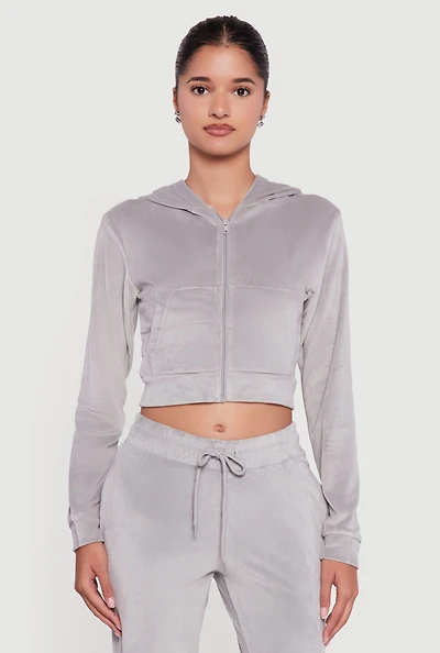 Womens Velour Long Sleeve Cropped Zip Front Hoodie, Grey, Size L