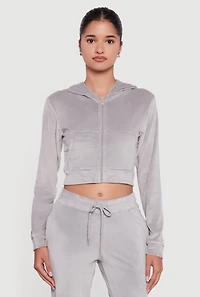 Womens Velour Long Sleeve Cropped Zip Front Hoodie, Grey, Size L
