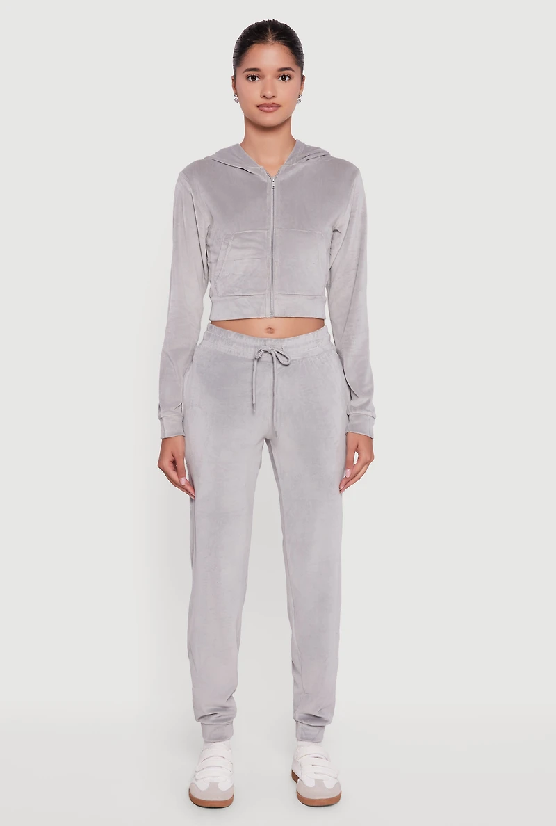 Womens Velour Long Sleeve Cropped Zip Front Hoodie, Grey, Size L