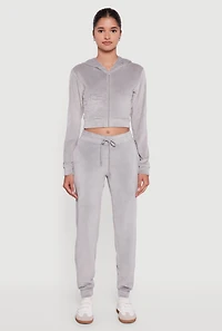 Womens Velour Long Sleeve Cropped Zip Front Hoodie, Grey, Size L