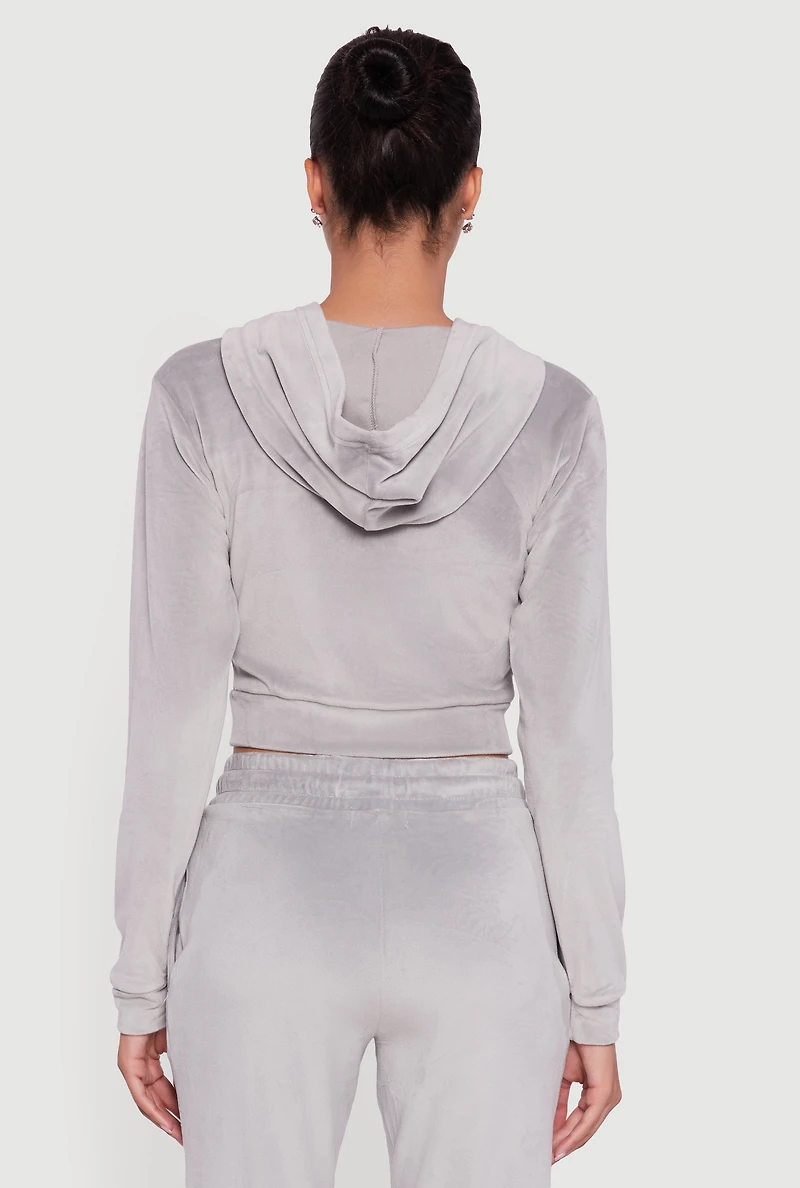Womens Velour Long Sleeve Cropped Zip Front Hoodie, Grey, Size L