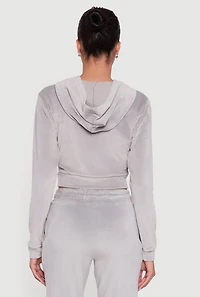 Womens Velour Long Sleeve Cropped Zip Front Hoodie, Grey, Size L
