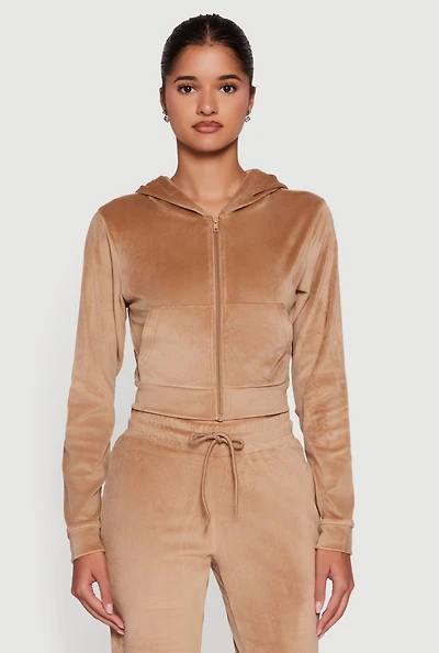 Womens Velour Long Sleeve Cropped Zip Front Hoodie,