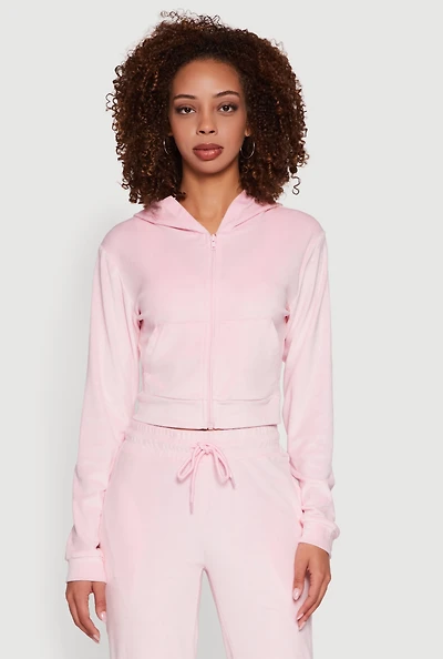 Womens Velour Long Sleeve Cropped Zip Front Hoodie,
