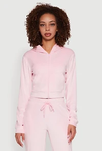 Womens Velour Long Sleeve Cropped Zip Front Hoodie, Pink, Size M